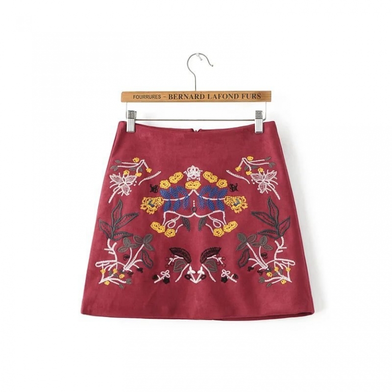 Buenos Ninos vintage burgundy floral embroidery a-line skirt elegant suede all-match autumn winter mini skirts 50