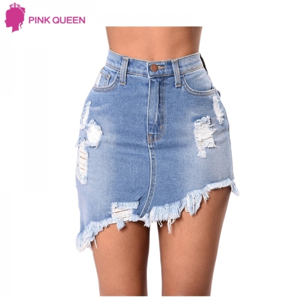 Pink Queen Women's Denim Skirt Summer Elegant Split Saia Torn Jeans Slim Mini Skirt Ripped Hole Saia Longa Denim Skirts Fashion