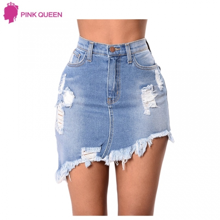 Pink Queen Women's Denim Skirt Summer Elegant Split Saia Torn Jeans Slim Mini Skirt Ripped Hole Saia Longa Denim Skirts Fashion