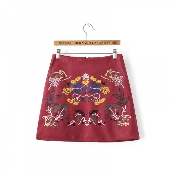 Buenos Ninos vintage burgundy floral embroidery a-line skirt elegant suede all-match autumn winter mini skirts 50 1 Ninos vintage burgundy floral embroidery a-line skirt elegant suede all-match