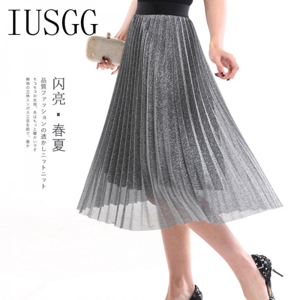 IUSGG Metal Color Silk Skirt Retro Fashion Metal Bright Silk Skirt