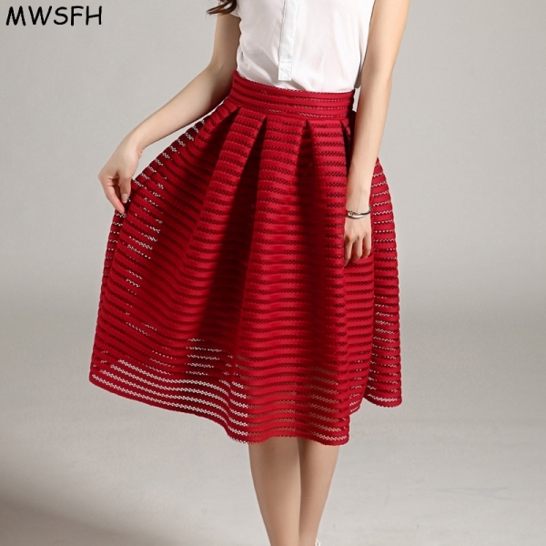 MWSFH Summer New Style Sexy Fashion Skirt women Striped Hollow-out Fluffy Skirt Swing Skirts Ladies Black Red Ball Gown Long 1 Striped Hollow-out Fluffy Skirt Swing Skirts Ladies Black Red Ball Gown Long