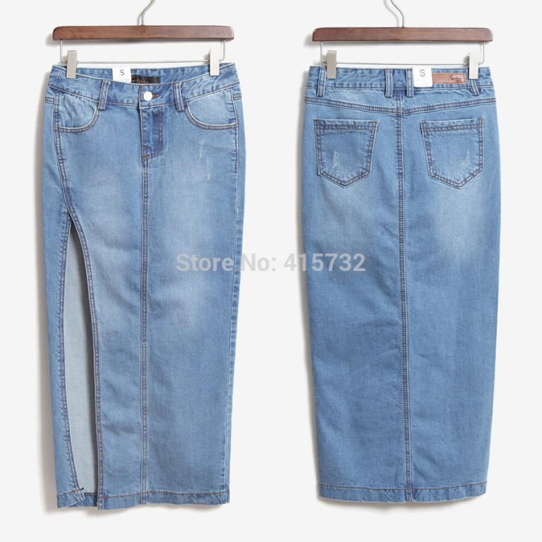 Free Shipping 17 New Denim Jeans Women Skirt High Waist Placketing Sexy Slim Hip Pencil Stretch Skirt Summer Side Slit Skirts