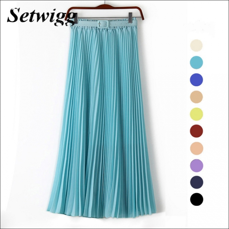 SETWIGG 90cm Long Chiffon Accordion Pleated Skirts Elastic Waist Belt Casual Candy Maxi Long Bohemian Summer Skirts SG03