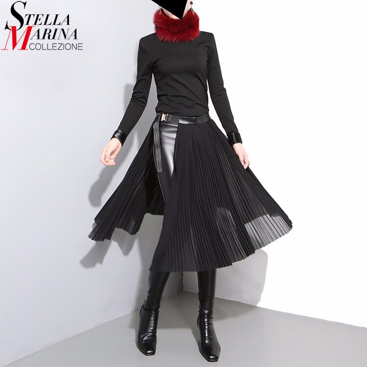 19 Korean Style Women Solid Black Pleated Chiffon Skirt Leather Belt High Waist Split Ladies Unique Midi Sexy Party Skirts 876