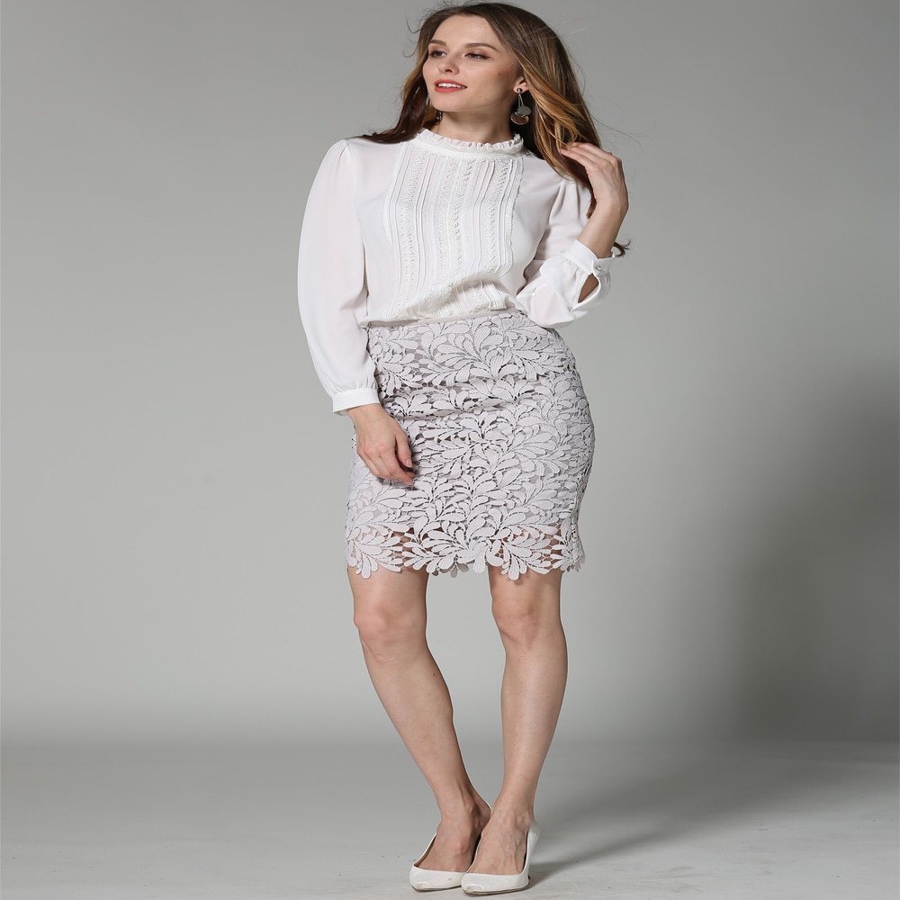 KoHuiJoo Spring Summer Women Pencil Skirts with High Waist Plus Size Cutout Fashion Bodycon Lace Skirt for Women White Gray 4XL 2