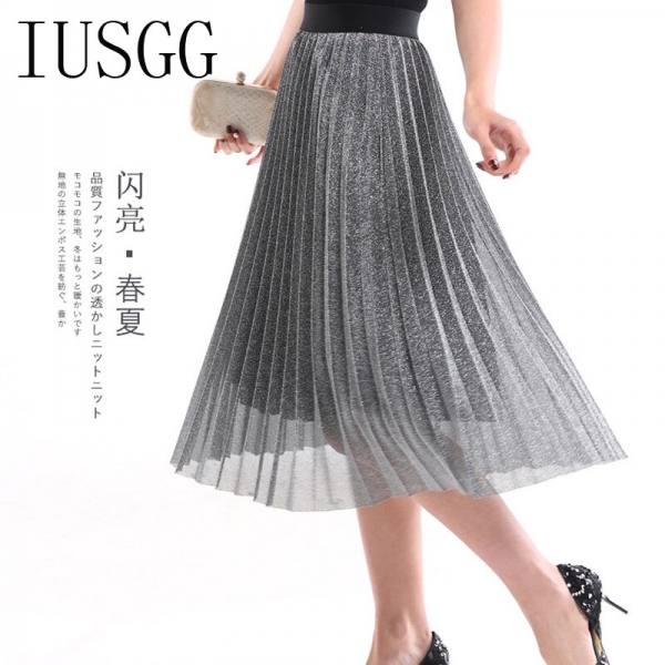 IUSGG Metal Color Silk Skirt Retro Fashion Metal Bright Silk Skirt