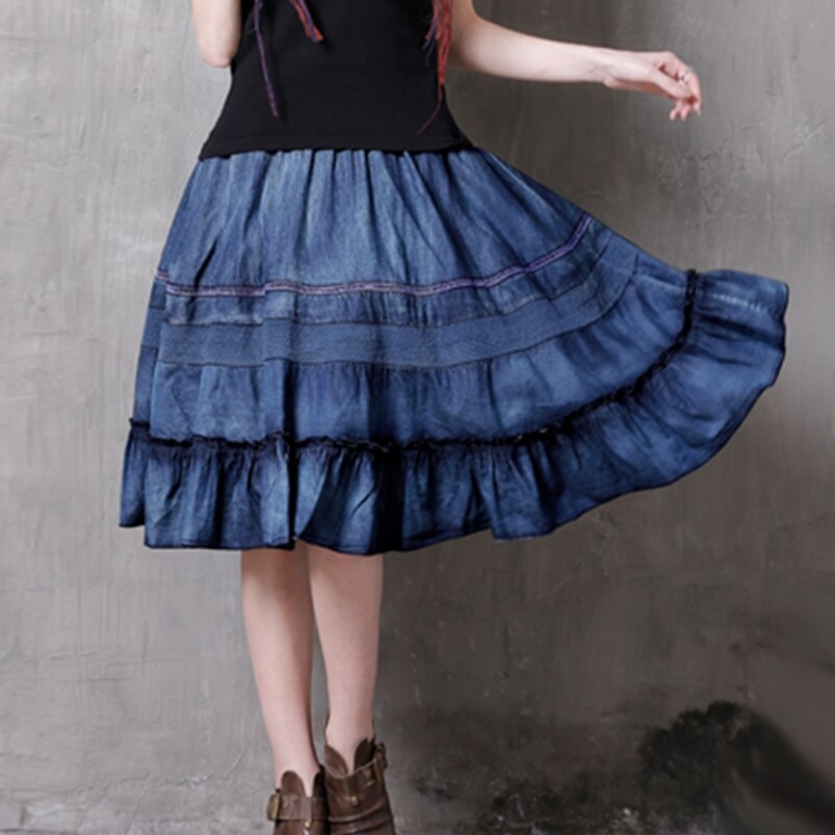 17 Hollow Out Patchwork Elastic High Waist Skirts Women Vintage Ruffles Denim Skirt #170346