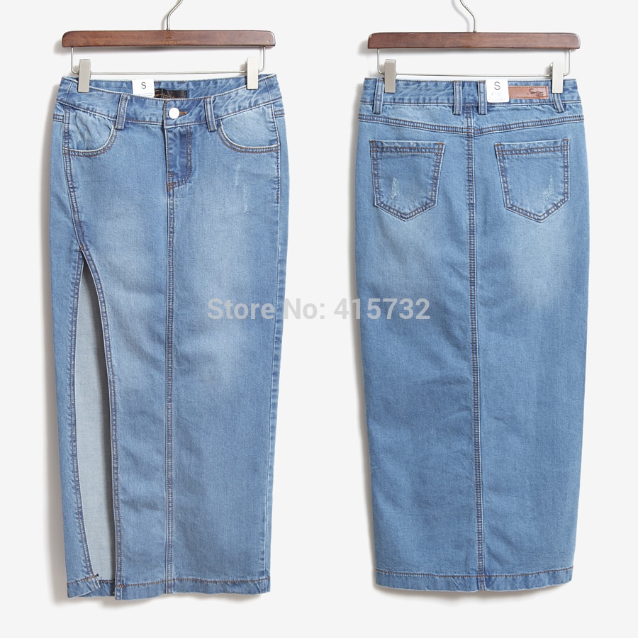 Free Shipping 17 New Denim Jeans Women Skirt High Waist Placketing Sexy Slim Hip Pencil Stretch Skirt Summer Side Slit Skirts 1