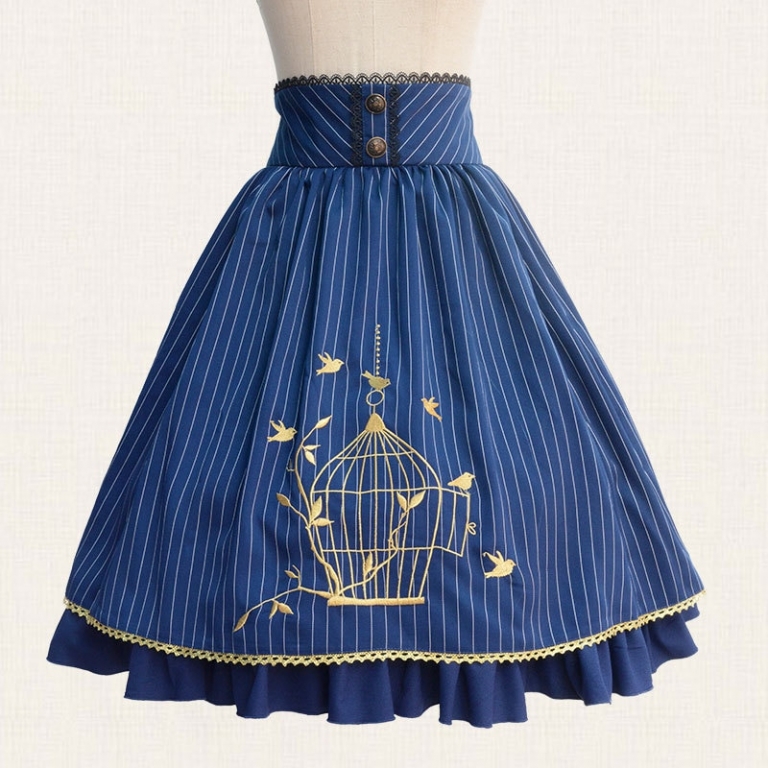 19 Fall Classic Lolita Skirt Vintage Style Striped A Line Skirt with Cage Embroidery