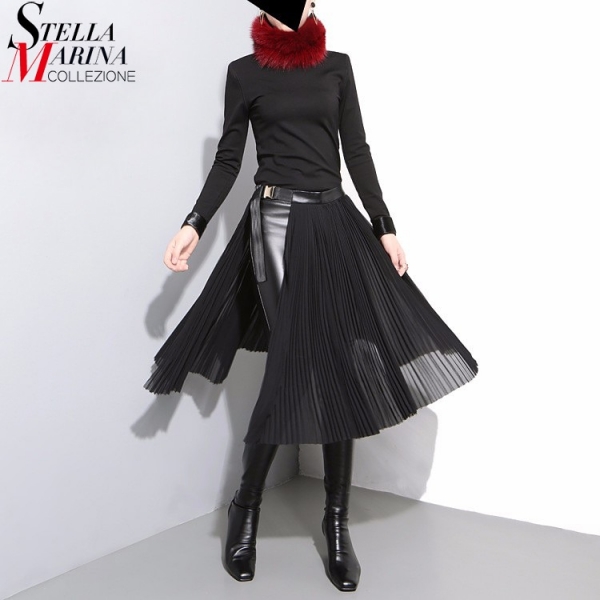 Solid Black Pleated Chiffon Skirt Leather Belt High Waist Split