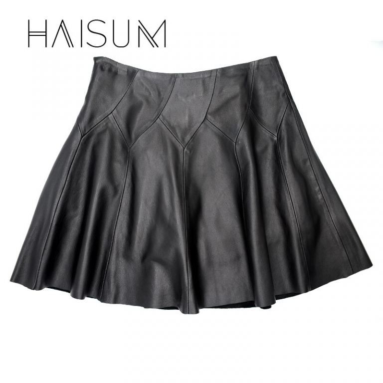 Haisum Hot Sale New Knee-length Casual Women Leather Skirt 18 Genuine Plus Size Pleated Skirts Solid Sheepskin Lady For Le021