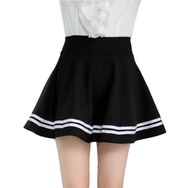 White stripe black high waisted pleated mini puff skirts for women ladies girls casual preppy style circle swing skater skirts 1 🖤 Chic High Waisted Pleated Mini Skirt for Women - Casual Preppy Style