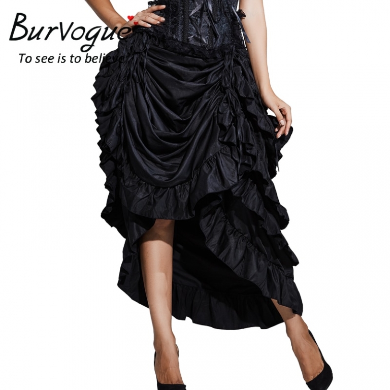 Burvogue Women Satin Fashion Skirt Irregular Long Gothic Skirt Steampunk Lace-up Maxi Ruffled Black Corset Skirts for womens