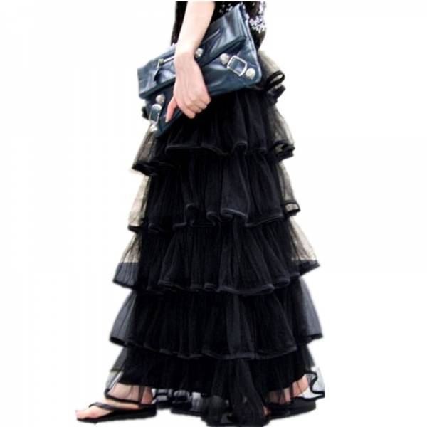 Spring 18 Long Tulle Layered Skirts Ruffles Maxi Skirts For Women Black And White