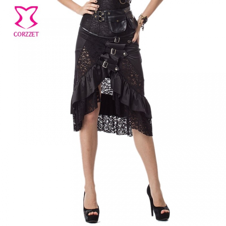 6XL Black Floral Lace & Satin Ruffles Gothic Victorian Skirt Steampunk Skirts Plus Size Women Matching Burlesque Corset Bustier