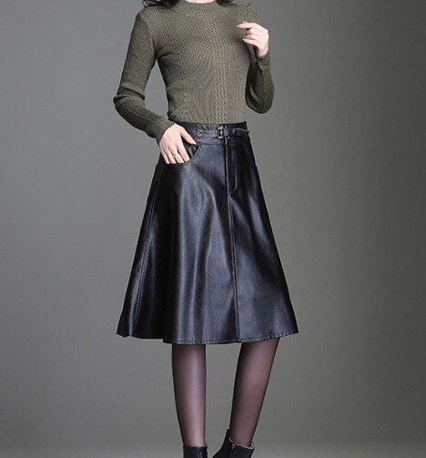 PU Leather Midi Skirt Women work wear office skirt autumn winter 19 PU skirts suit high waist skirt female plus large size 4XL