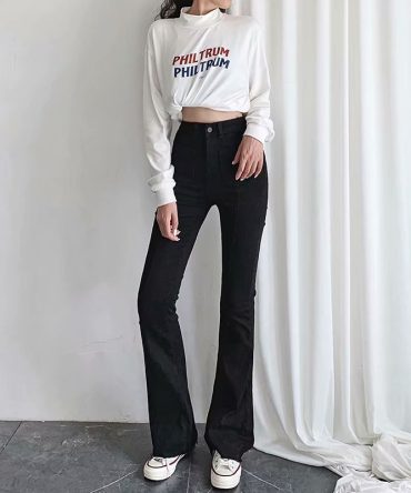 Autumn and winter new European and American style high waist stretch horn jeans women, Slim long legs solid color jeans women