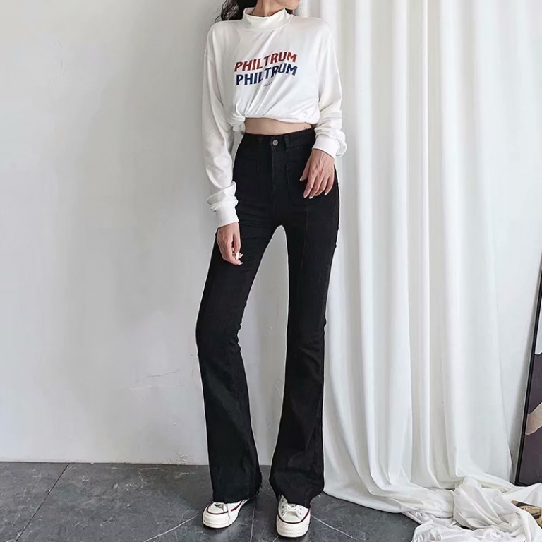 Autumn and winter new European and American style high waist stretch horn jeans women, Slim long legs solid color jeans women