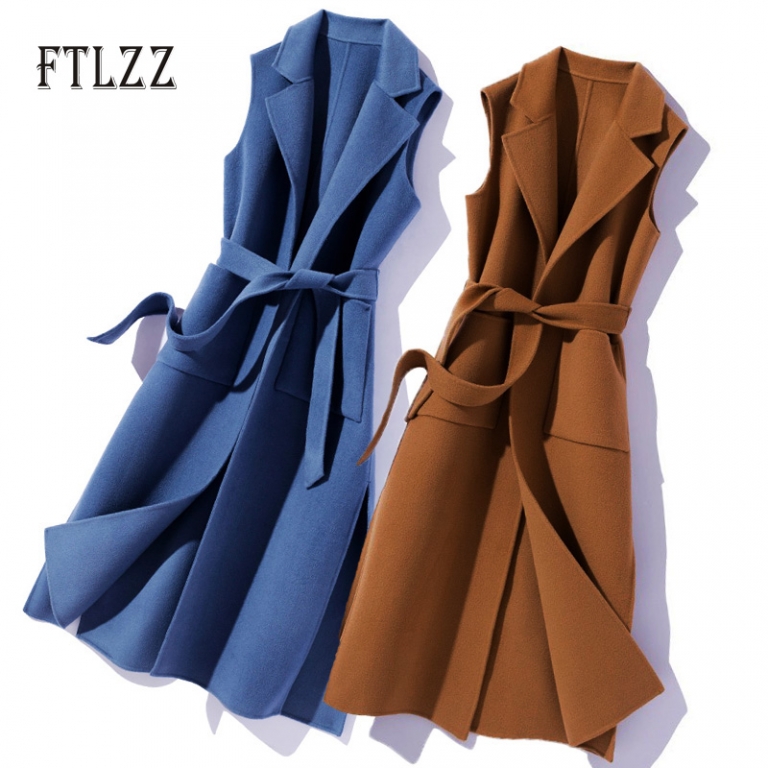 New 2020 Spring Autumn Sleeveless Vest Women Slim With Blet Meidum Long Outerwear Elegant Turn Down Collar Woman Vests Mujer