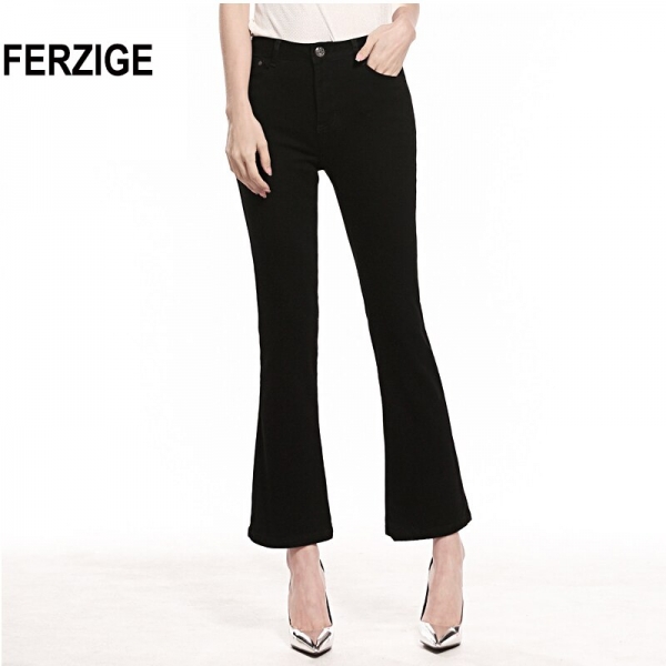 Blue Summer Thin Flare Pants Cropped High Waist Stretch Denim Pants