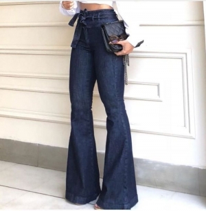 Streetwear High waist Lace Up Flare Pants Jeans for Woman Fashion Full Length Wide Leg Pants Female 2020 Fashion Clothing tide