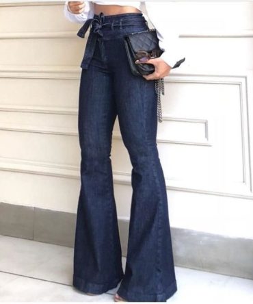 Streetwear High waist Lace Up Flare Pants Jeans for Woman Fashion Full Length Wide Leg Pants Female 2020 Fashion Clothing tide