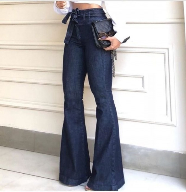 Streetwear High waist Lace Up Flare Pants Jeans for Woman Fashion Full Length Wide Leg Pants Female 2020 Fashion Clothing tide