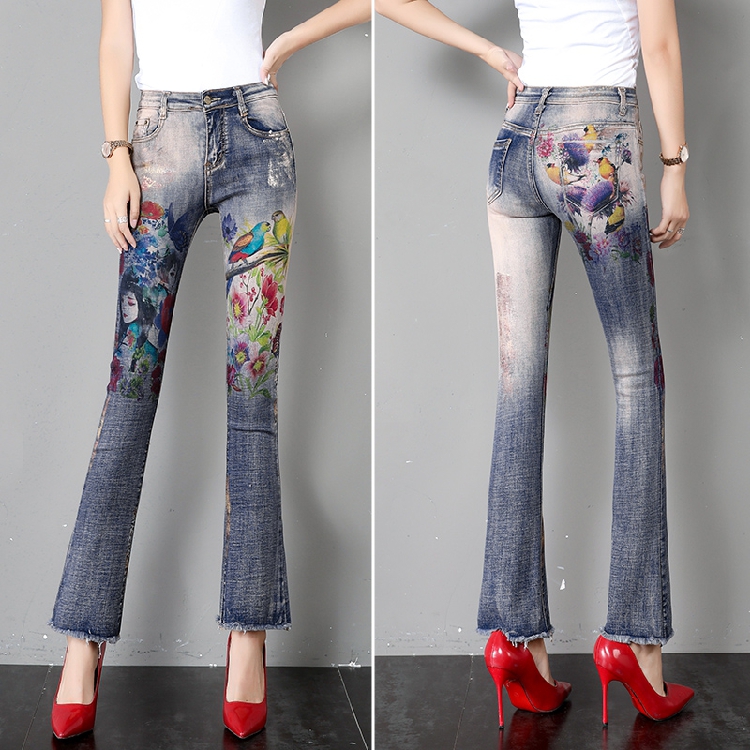 Flare Pants Women Flare Jeans Summer Autumn New Retro Printed Horn Jeans Thin Loose Slim High Waist Burr Pants Ripped Jeans 3