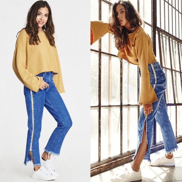 High Waist Denim Long Jeans Women Flare Pants Unique Double Side Zipper Split Bell Bottom Teenage Girl Chic Streetwear Plus Size