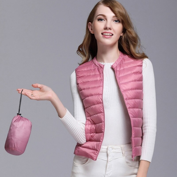 Women's White Duck Down Sleeveless Vest Jacket by LLYGE, perfect for layering in fall and winter for both casual and office wear. 