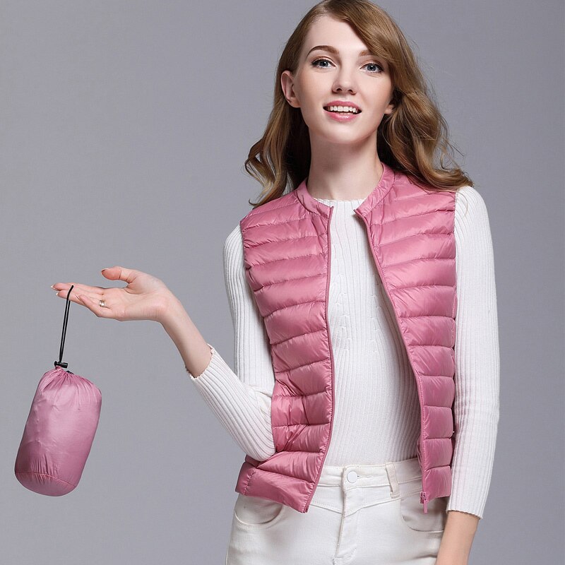 Women's White Duck Down Sleeveless Vest Jacket by LLYGE, perfect for layering in fall and winter for both casual and office wear. 