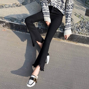 High Waist black flare Tassel Jeans Woman Thin Fringed Edges Ankle trousers Horn high waist skinny bell bottom Denim Pant Female