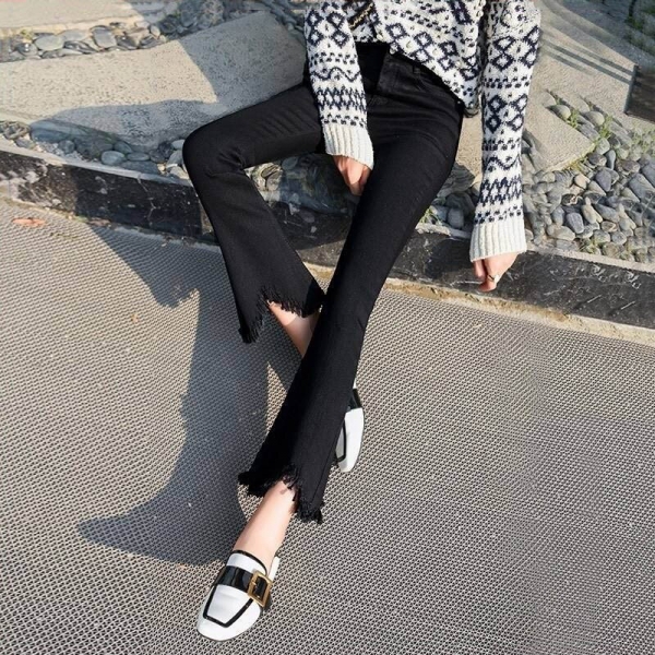 High Waist black flare Tassel Jeans Woman Thin Fringed Edges Ankle trousers Horn high waist skinny bell bottom Denim Pant Female