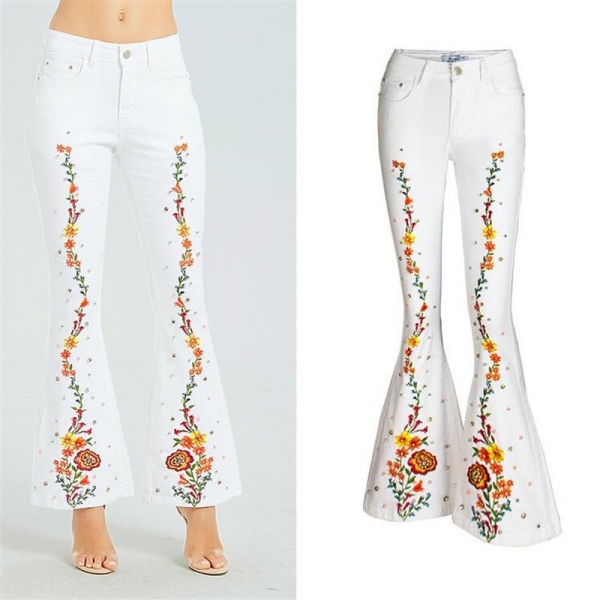 Spring European American embroidery Fashion Women Flares Jeans Plus Size