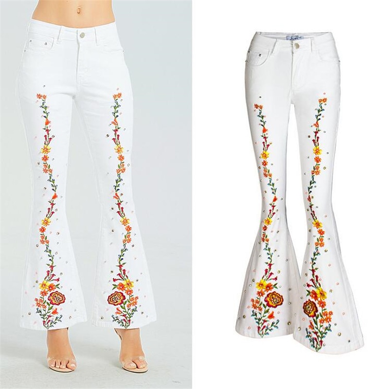 Spring European American embroidery Fashion Women Flares Jeans Plus Size Stretch Button Beaded Jeans Casual Denim Pants Trousers 1