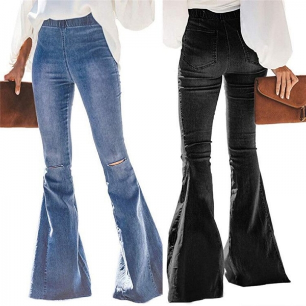 Waist Flare Jeans Black Bell Bottom Ripped Female Jeans For Women Denim