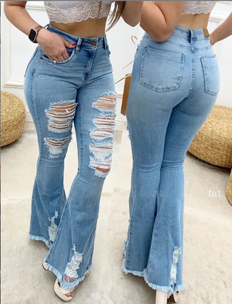 Flare Jeans Women ripped wide leg jeans Denim Trousers Vintage bell bottom jeans High Waist Pants ladies push up calca jeans 1