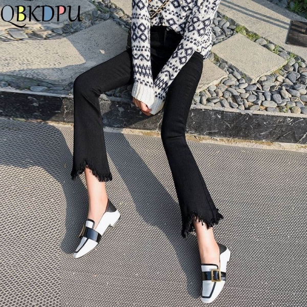 High Waist black flare Tassel Jeans Woman Thin Fringed Edges Ankle