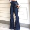 High waist Lace Up Flare Pants Jeans for Woman Fashion Full Length Wide Leg Pants
