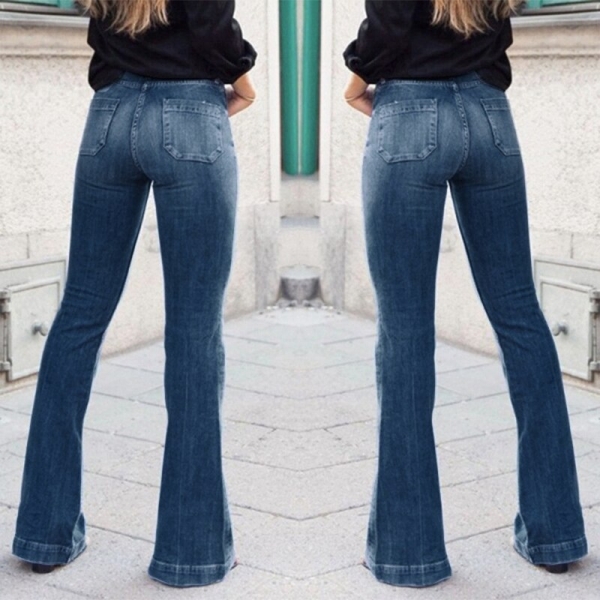 Women Fashion High-Rise Wide Leg Flared Jeans Retro Bell Bottom Jeans Denim Ladies Zipper Pocket Trousers