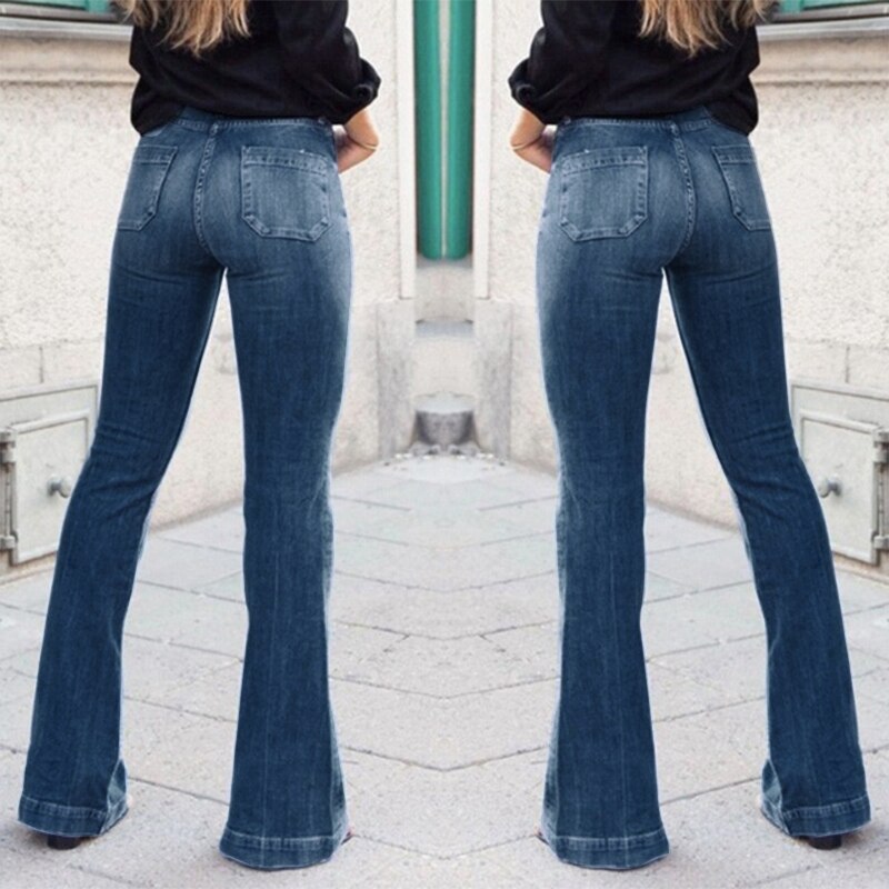 Women Fashion High-Rise Wide Leg Flared Jeans Retro Bell Bottom Jeans Denim Ladies Zipper Pocket Trousers