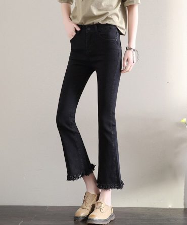 New Slim Flare Pants Vintage High Waist Women Jeans Solid Trousers Ankle-Length Pants Lady Tassel loose cowboy Flares