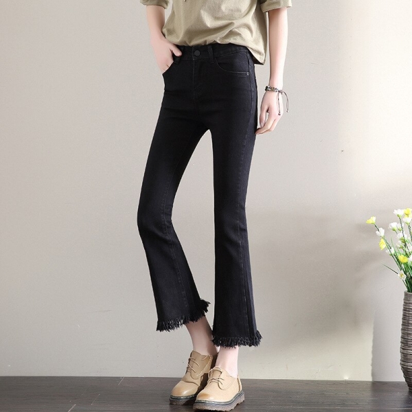 New Slim Flare Pants Vintage High Waist Women Jeans Solid Trousers Ankle-Length Pants Lady Tassel loose cowboy Flares