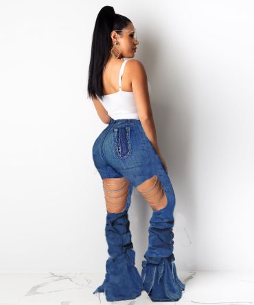 Wjustforu Bell Bottoms Ripped Flare Jeans For Women Back Hollow Out Patchwork Hole Jeans Female Skinny Club Denim Pants Vestido