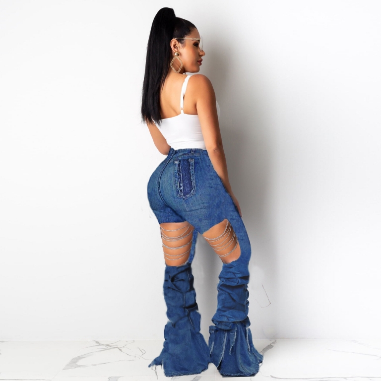 Wjustforu Bell Bottoms Ripped Flare Jeans For Women Back Hollow Out Patchwork Hole Jeans Female Skinny Club Denim Pants Vestido