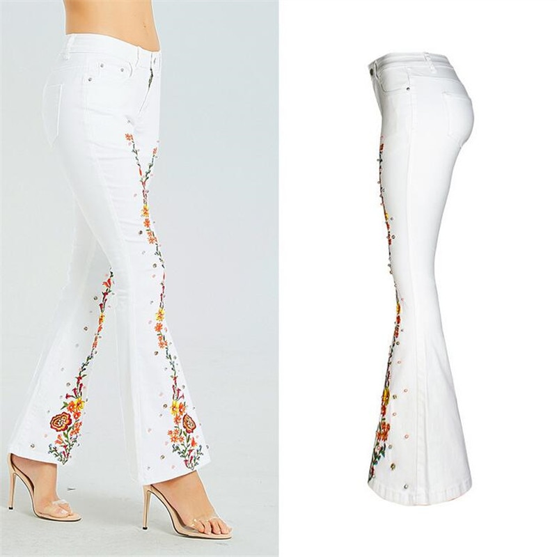 Spring European American embroidery Fashion Women Flares Jeans Plus Size Stretch Button Beaded Jeans Casual Denim Pants Trousers 3