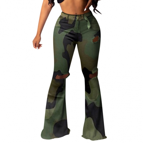 Ophestin Jean for Women Plus Size High Waist Denim Bell Bottom Distressed Ripped Fashion Camouflage Female Trousers 2 Plus Size High Waist Denim Bell Bottom Distressed Ripped Jeans – Stylish Flare Pants for Women