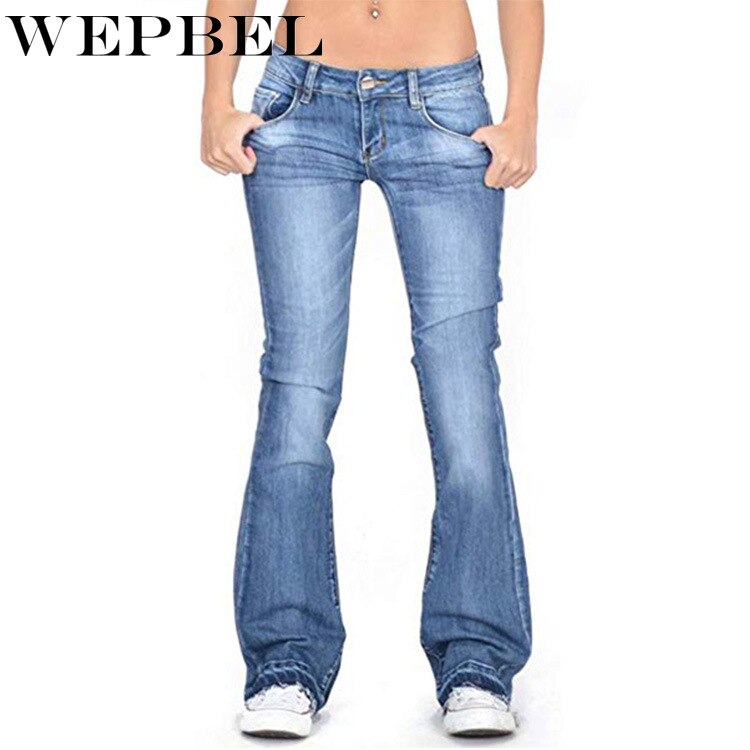 WEPBEL Ladies Denim Trousers Women Flare Jeans Casual Mid Waist Bell Stretch Slim Pants Length Jeans
