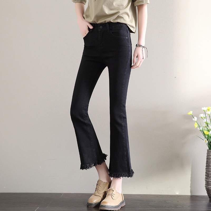 2019 New Slim Flare Pants Vintage High Waist Women Jeans Solid Trousers Ankle-Length Pants Lady Tassel loose cowboy Flares 2